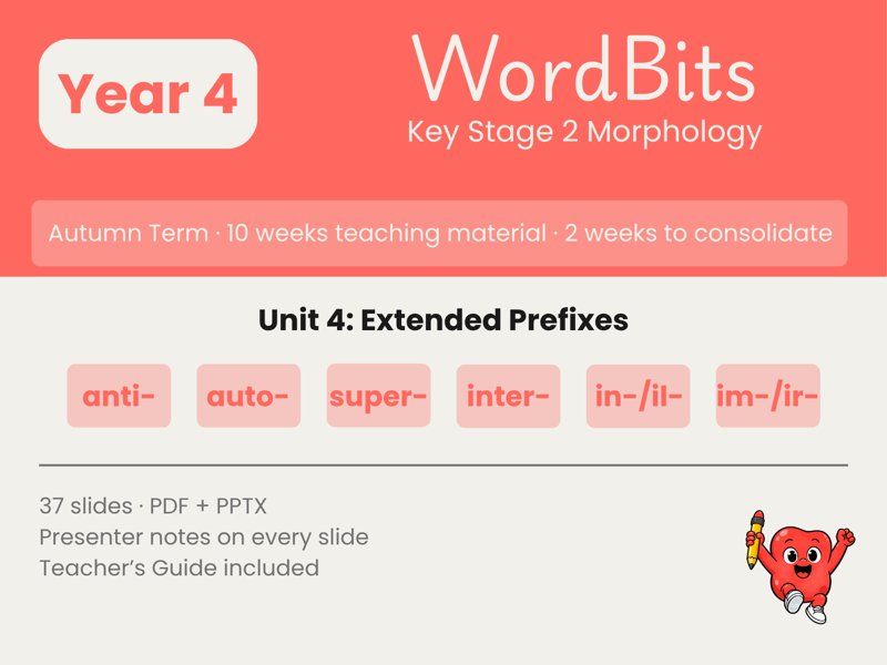 WordBits Unit 4 cover: Year 4 Autumn Morphology, Extended Prefixes