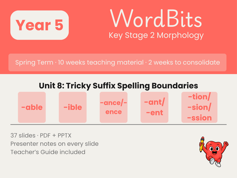 WordBits Unit 8 cover: Year 5 Spring Morphology, Tricky Suffix Spelling Boundaries
